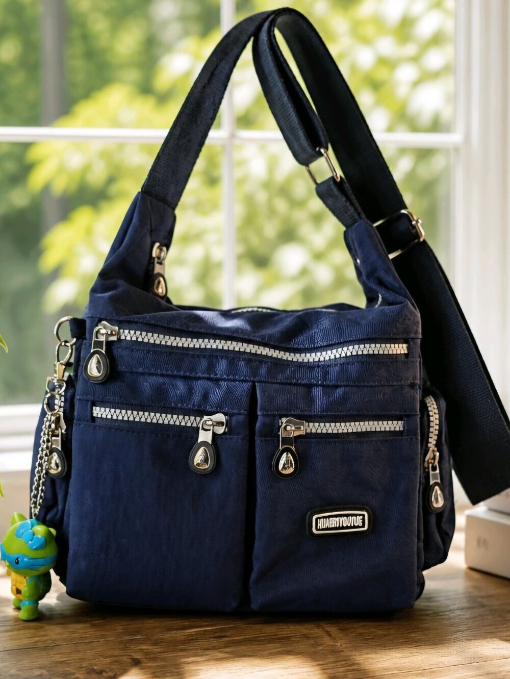 Huaeryouyue Navy Blue Nylon Crossbody Bag Multi Pocket Adjustable Strap